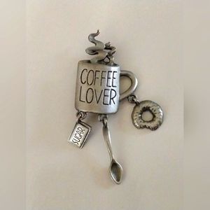 JJ Jonette Coffee Cup/Dangling Sugar, Spoon, Donut, "Coffee Lover" Pewter Brooch